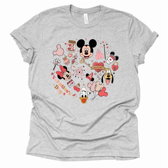 Mickey Minnie Valentine Graphic Design Casual Short Sleeve Shirt (Gray-Small)