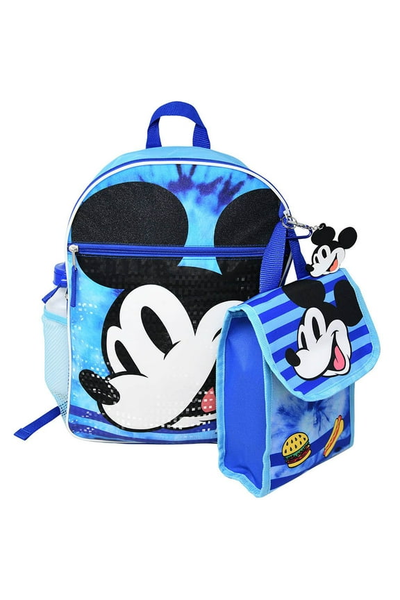 Mickey Mouse 16" Backpack 5pc Set with Lunch Kit, Bottle, Keychain & Carabiner