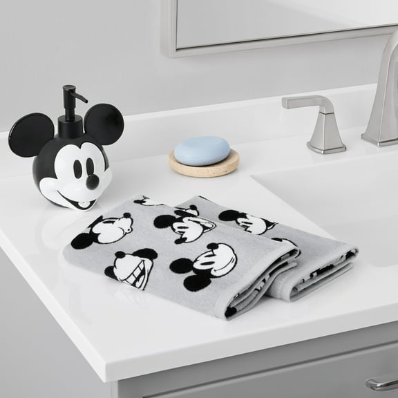 Mickey Mouse 3-Piece Bath Set, 2pk Hand Towel & Sculpted 5.5" Lotion Pump, Cotton, Poly-Resin, Black & White, Disney