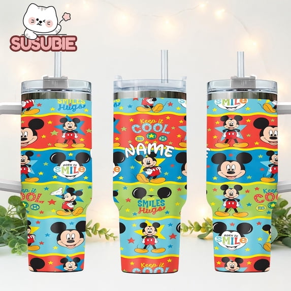 Mickey Mouse 40oz Tumbler with Handle – Keep It Cool Retro Cartoon Travel Mug, Born to Smile Tumbler, Cute Birthday Gift For Her