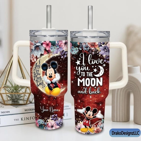 Mickey Mouse 40oz Tumbler with Handle & Straw - I Love You to the Moon and Back Disney Tumbler - Red Floral Starry Night Mickey Insulated Cup
