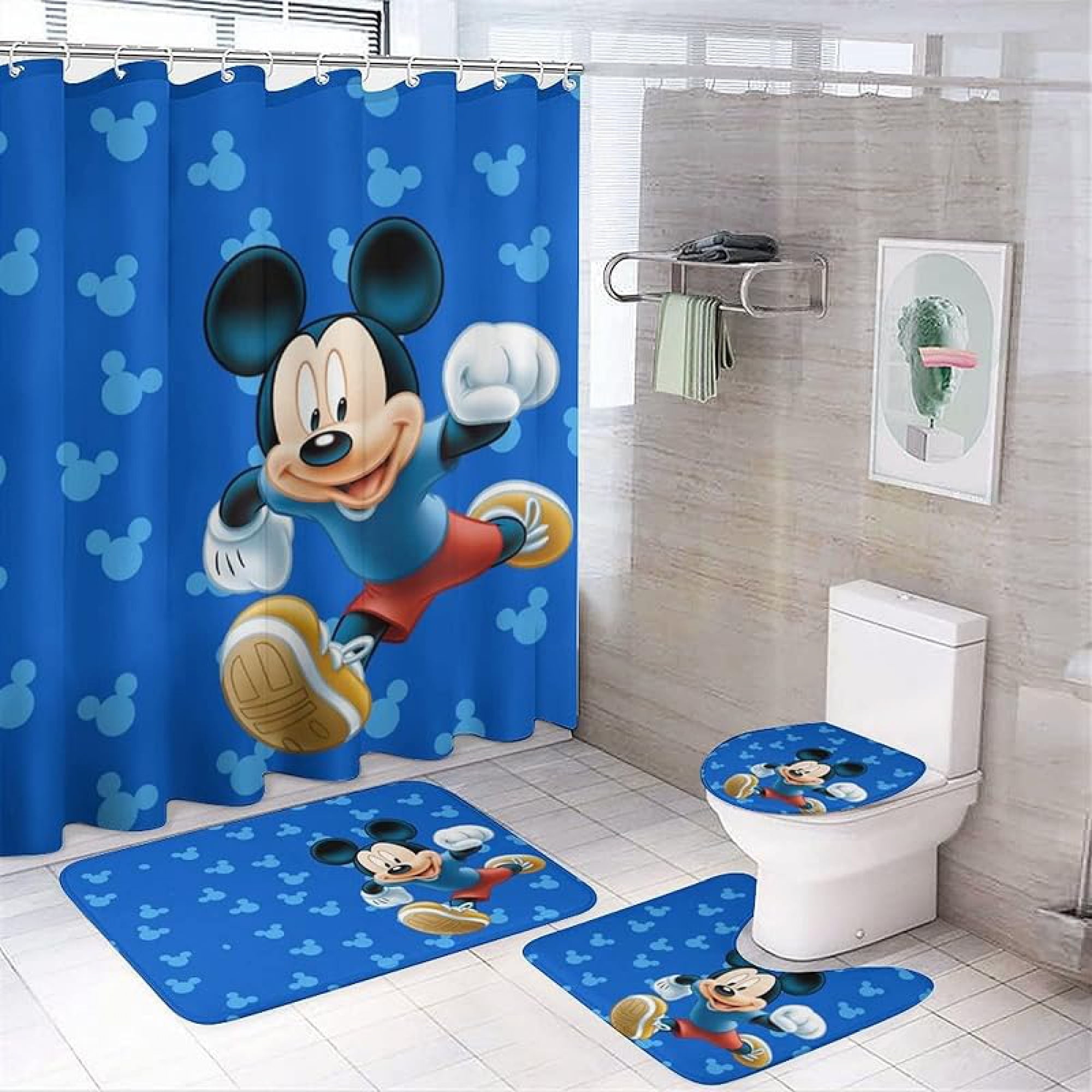 Mickey Mouse 4Pcs Cartoon Shower Curtain Sets Bathroom Sets with Shower Curtain Toilet Lid Rug Contour Mat and Bath Mat Cute Classics Cartoon