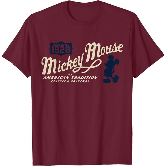 Mickey Mouse American Tradition Classic DTG Print Unisex T-Shirt,Maroon Color,Size M