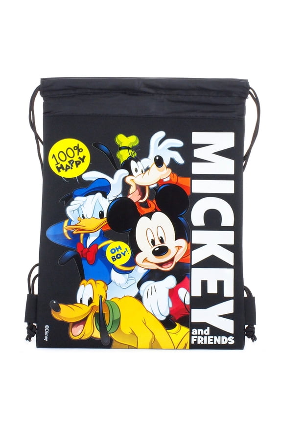 Mickey Mouse And Friends " 100% Happy " Character Licensed Black Drawstring Bag