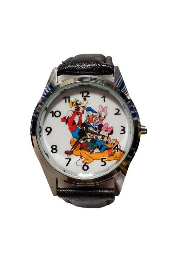 Mickey Mouse And Friends Cartoon Characters Black Leather Band Wrist Watch