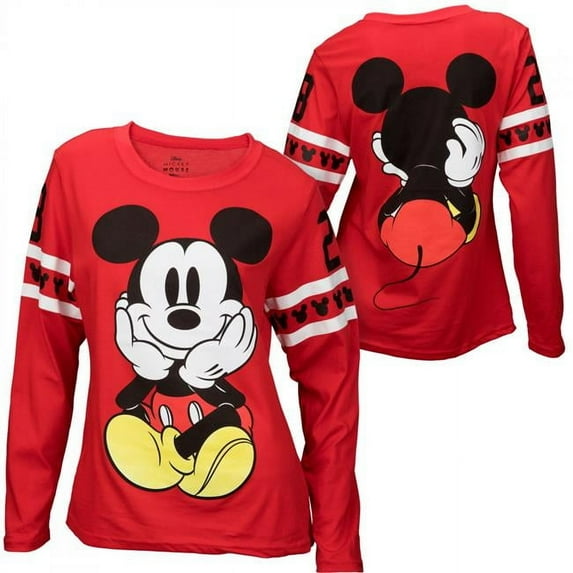 Mickey Mouse Athletic Stripes Junior's Front and Back Long Sleeve Shirt-Medium