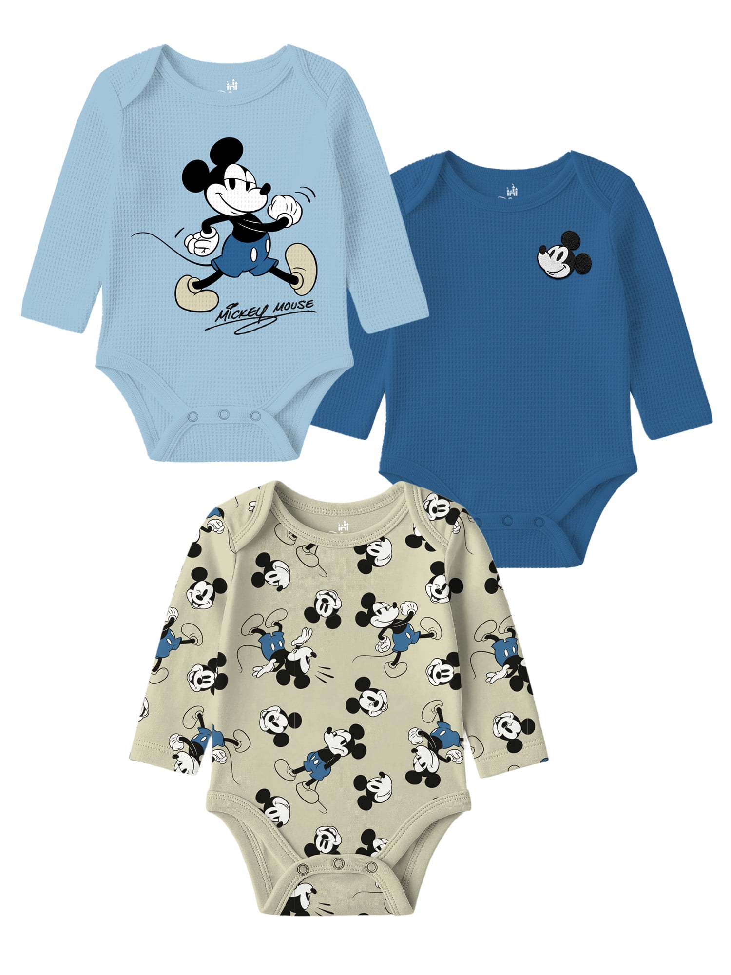 Mickey Mouse Baby Boy 3 Pack Long Sleeve Bodysuit, Size 0-24 Months