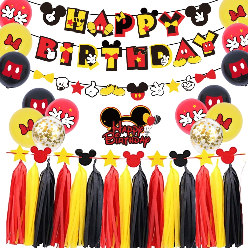 Mickey Mouse Birthday Decorations, Party Decoration Kits Mickey  Mouse-themed Party Supplies with Birthday Banner & Garland, Cake Topper