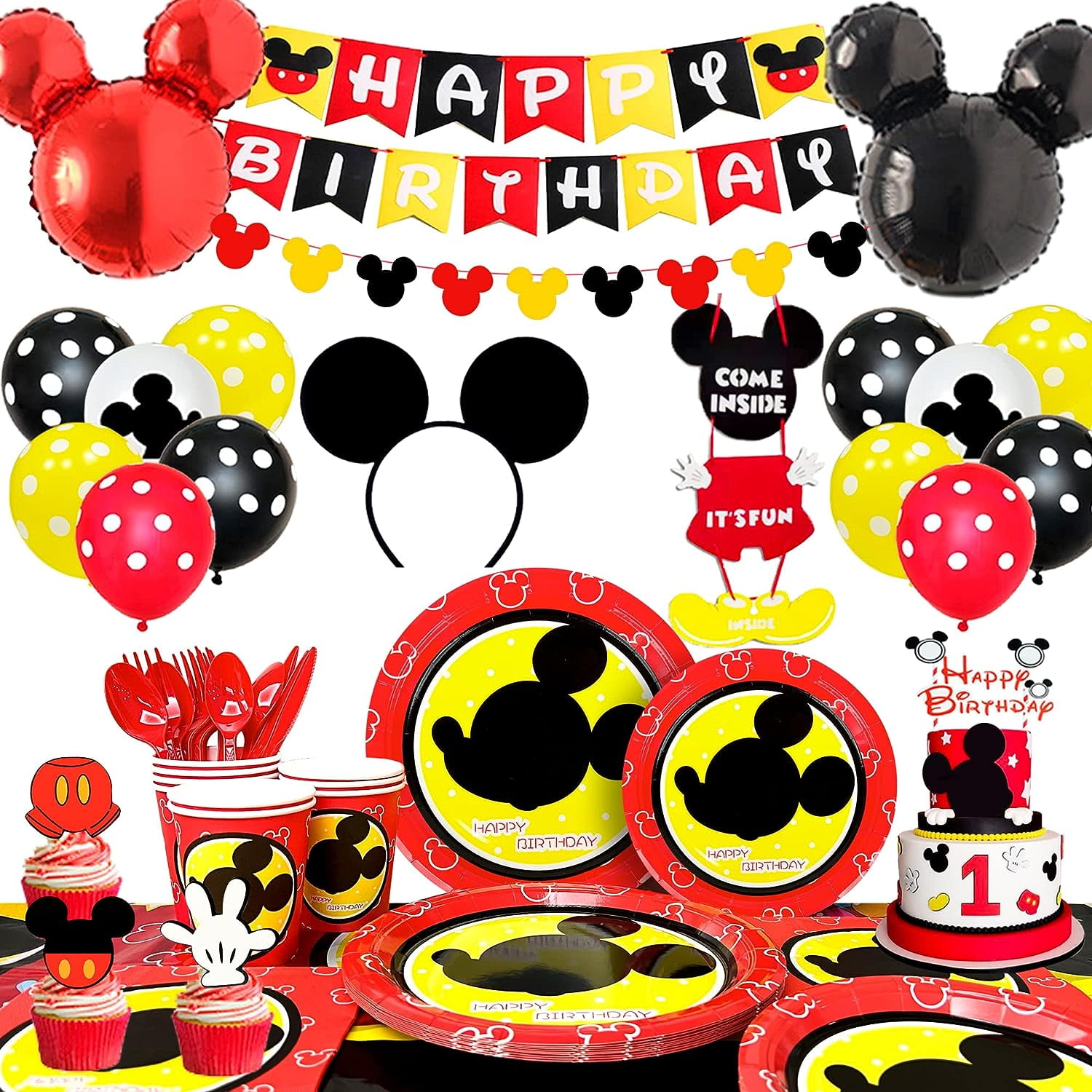 Mickey Mouse Birthday Party Supplies,131pcs Mickey Mouse Birthday  Decorations & Tableware Set- Mickey Mouse Party Plates Napkins Tablecloth  Balloon etc Baby Mickey Mouse Party Supplies 