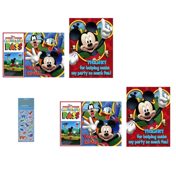 Mickey Mouse Birthday Party Supplies Bundle includes 16 Party Invitations with Envelopes, 16 Thank You Notes, 1 Dinosaur Sticker Sheet