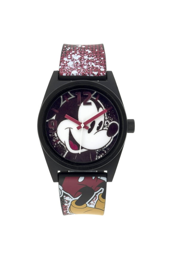 Mickey Mouse Black Case Character-Printed Dial Analog Watch, Printed Art Strap