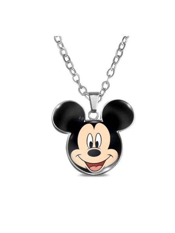 Mickey Mouse Cartoon Character Face Glass Domed Metal Pendant Necklace