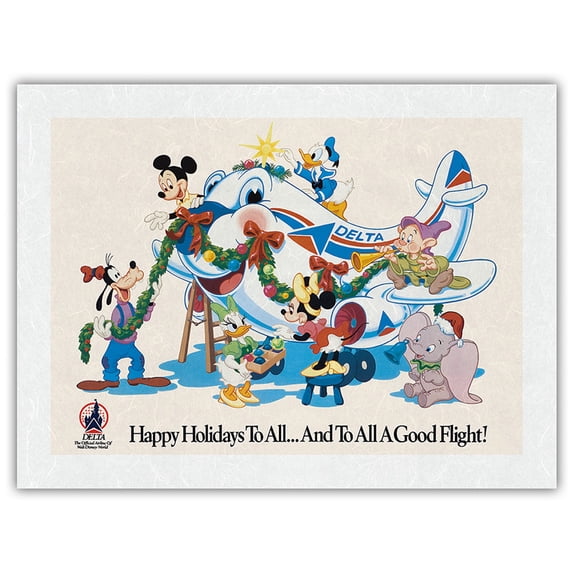 Mickey Mouse and Disney Characters-Happy Holidays to All-Delta Air Lines (Official Airline of Disney World)-Vintage Travel Poster c.1960s-Japanese Unryu Rice Paper Art Print (Unframed) 18 x 24 in