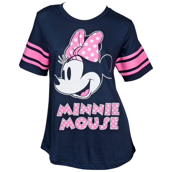 Mickey Mouse Disney Minnie Mouse Pink Polka Dot Womens Striped Football T-Shirt, Small