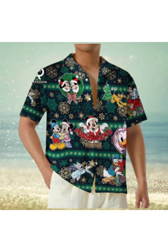 Mickey Mouse Disney World Christmas Hawaiian Shirts Snowflakes Button Merry Xmas