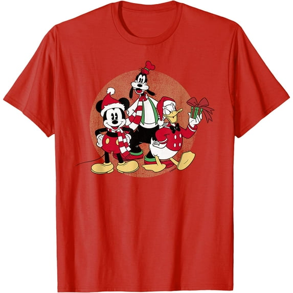 Mickey Mouse Donald Duck Goofy Christmas Group DTG Print Unisex T-Shirt,Red Color,Size 5-6T
