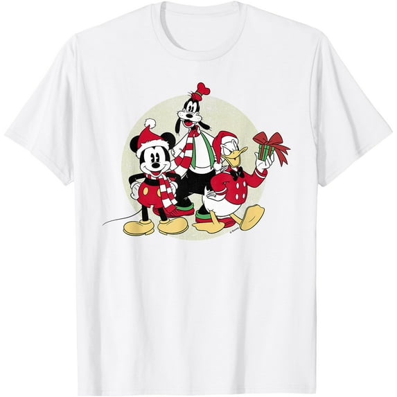 Mickey Mouse Donald Duck Goofy Christmas Group DTG Print Unisex T-Shirt,White Color,Size YS
