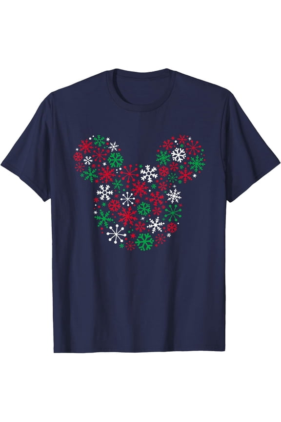 Mickey Mouse Ear Icon Holiday Snowflakes DTG Print Unisex T-Shirt,Navy Color,Size 5-6T