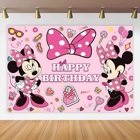 Happy Birthday Minnie Anime Cartoon Theme Backdrops Banner Birthday Party Decor Supplies,5.9x3.6ft