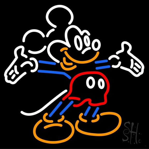 Mickey Mouse Happy LED Neon Sign 24 x 24 - inches, Black Square Cut Acrylic Backing, with Dimmer - Bright and Premium built indoor LED Neon Sign for caf, club, party, event and stroefront.