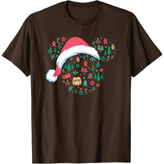 Mickey Mouse Head Icon Christmas Holiday Santa Hat DTG Print Unisex T-Shirt,Dark Chocolate Color,Size YS