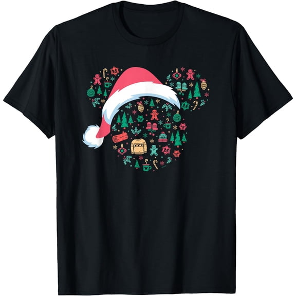 Mickey Mouse Head Icon Christmas Holiday Santa Hat DTG Print Unisex T-Shirt