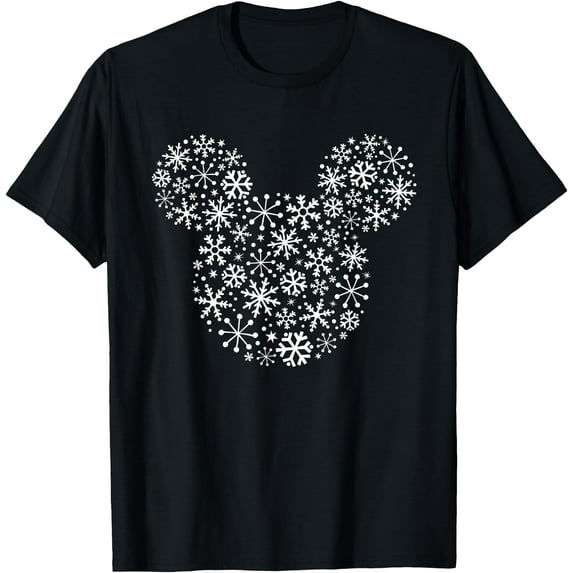Mickey Mouse Icon Holiday White Snowflakes DTG Print Unisex T-Shirt,Black Color,Size 5XL
