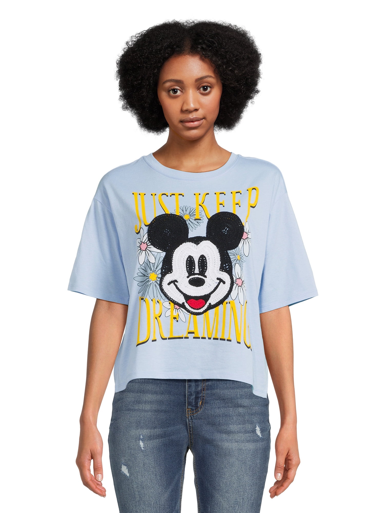 さらに100円引き◆NERDY◆Disney X Nerdy Halftone Short Sleeve LICENSE Mickey Mouse Juniors Crochet Graphic Tee, Short