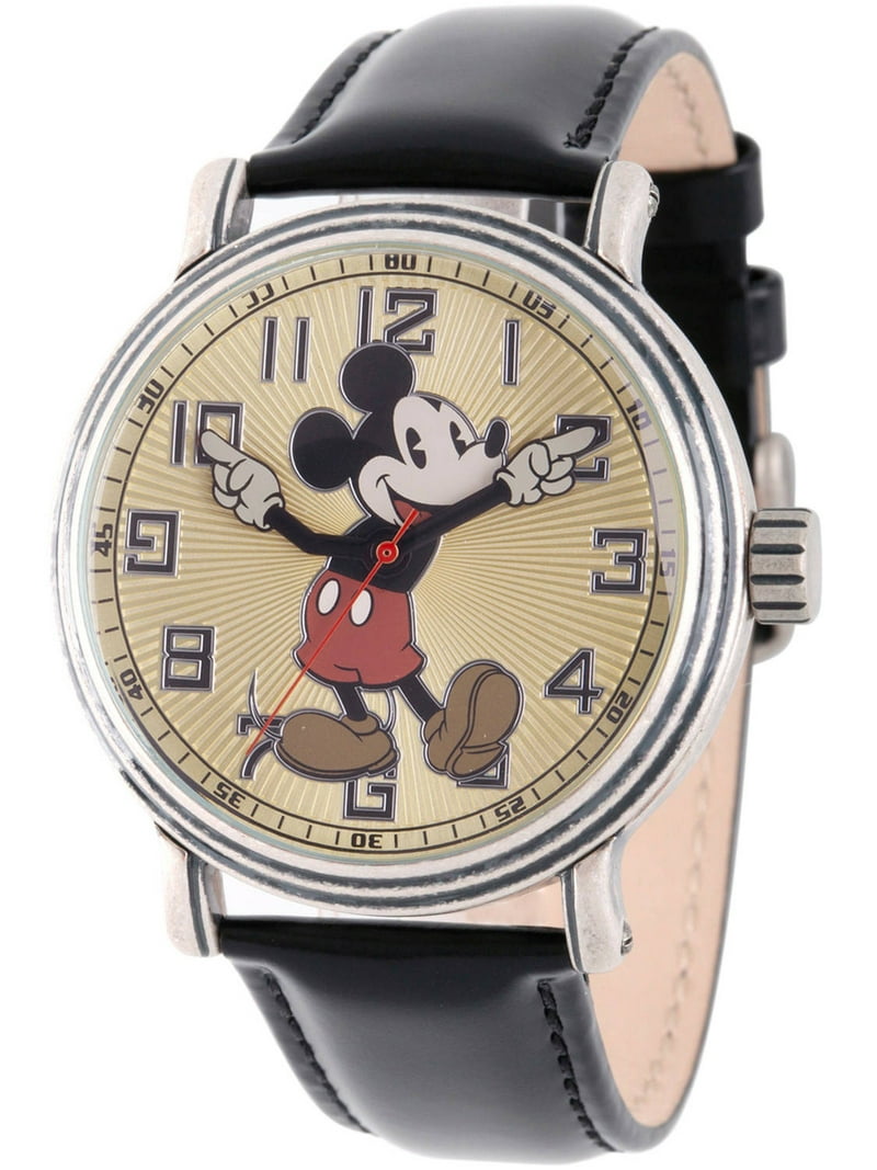 Disney Mickey Mouse Men's Antique Silver Alloy Watch Black Leather