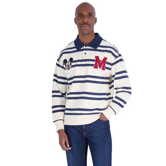 Mickey Mouse Mens Cream Long Sleeve Rugby Shirt, Sizes XS-3XL