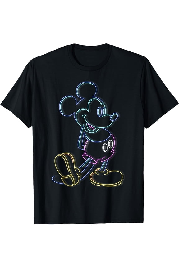 Mickey Mouse Neon Line Portrait DTG Print Unisex T-Shirt,Black Color,Size 5-6T