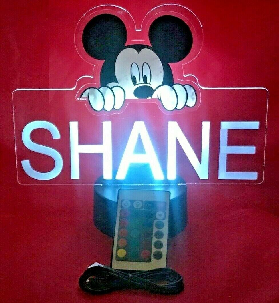 Mickey Mouse Night Light Up Table Desk Lamp Personalized Free Engraved Made to Order, Home Boys and Girls Kids Room Decor, 16 Bright Color Options, with Remote, A Must Have!