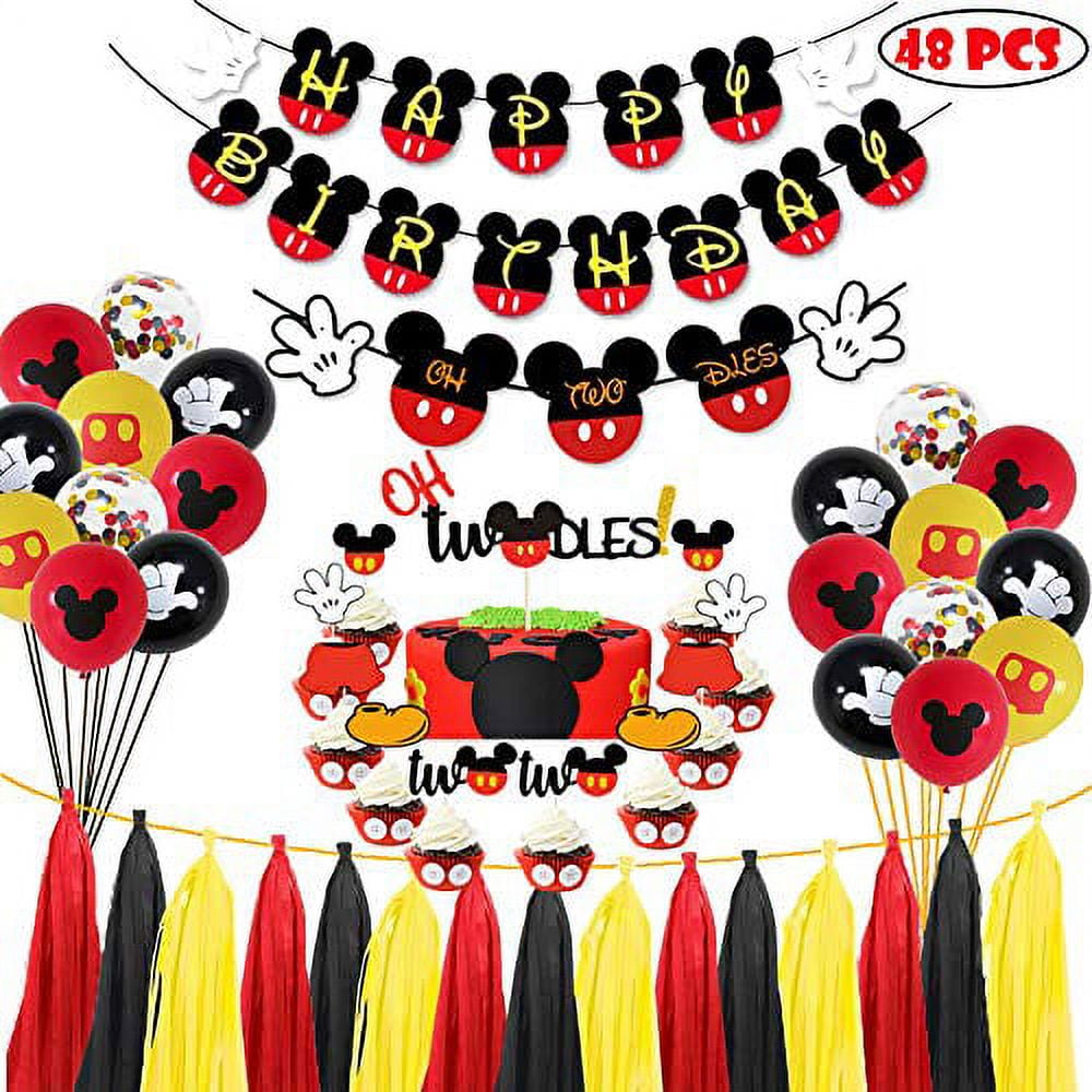HIPEEWO Mickey Themed Mouse Party Supplies - Mickey Decorations Include  Backdrop, Welcome Hanger, Banner, Topper, Tassel, Tablecloth, Balloons  Garland