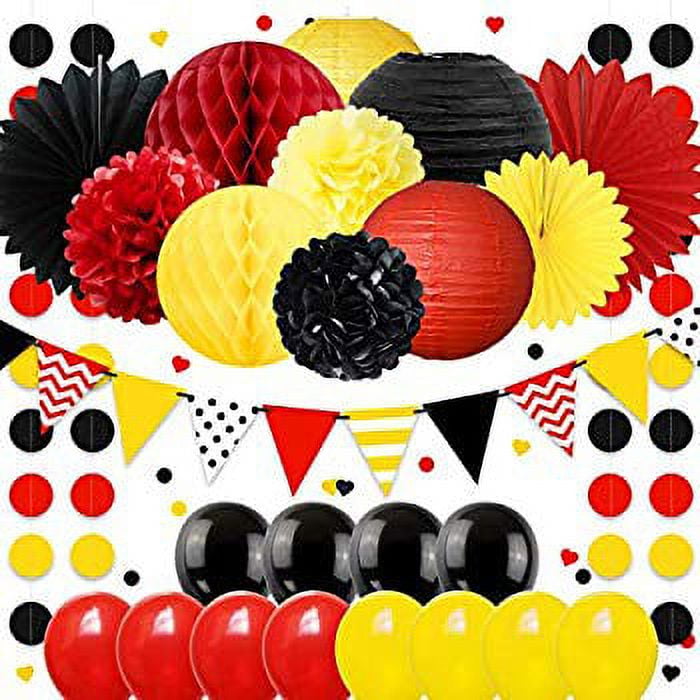 Mickey Mouse Party Decorations Kit Red Black Yellow Mickey Colors Fireman  Theme Honeycomb Balls Paper Pom Poms Lantern Fan Balloon and Garland Banner