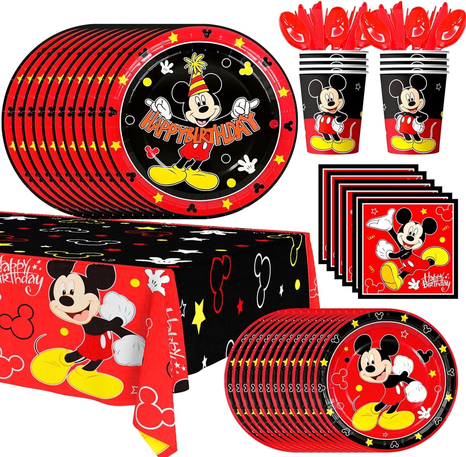 Mickey Mouse Party Supplies, 141pcs Mickey Mouse Birthday Tableware Set - Mickey Mouse Paper Plates and Napkins & Mickey Party Cups Tablecloth etc Mickey Mouse Theme Party Tableware for Boys Kids