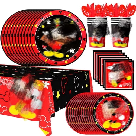 Cartoon Party Supplies, 141pcs Mouse Birthday Tableware Set - Cartoon Paper Plates and Napkins & Cartoon Party Cups Tablecloth etc Mouse Theme Party Tableware for Boys Kids