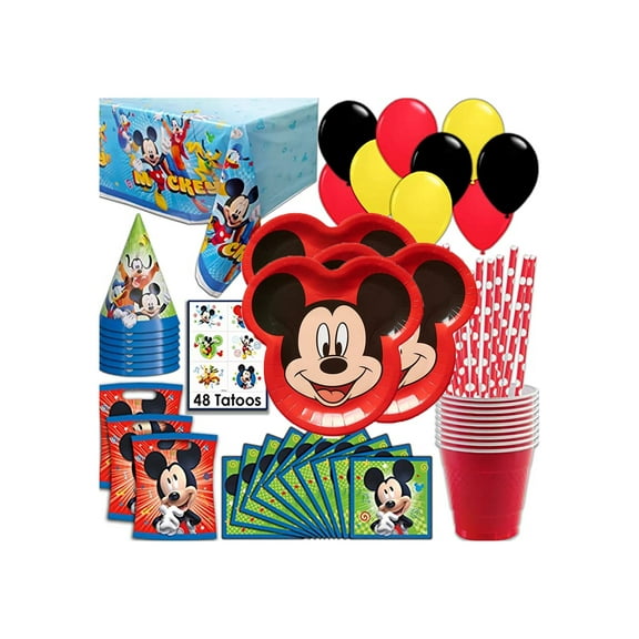 Mickey Mouse Party Supplies, Serves 16 - Plates, Napkins, Tablecloth, Cups, Straws, Balloons, Loot Bags, Tattoos, Birthday Hats