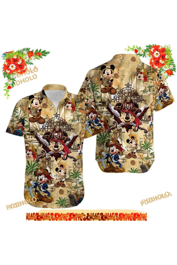 Mickey Mouse Pirate Hawaiian Shirt, Treasure Map Hawaiian Shirt