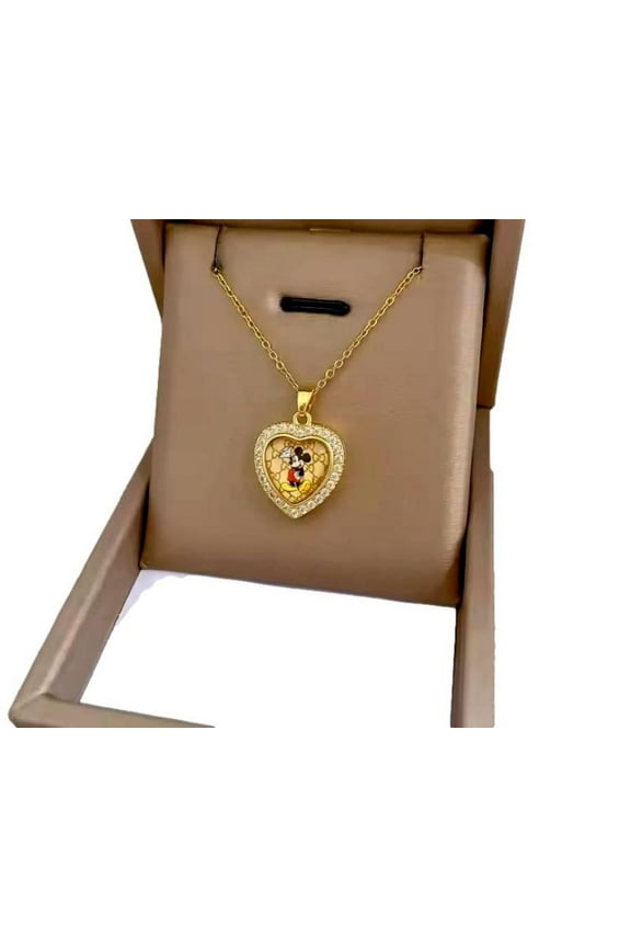 Mickey Mouse Rhinestone Heart Shaped Glass Domed .5 in Tall Pendant Necklace