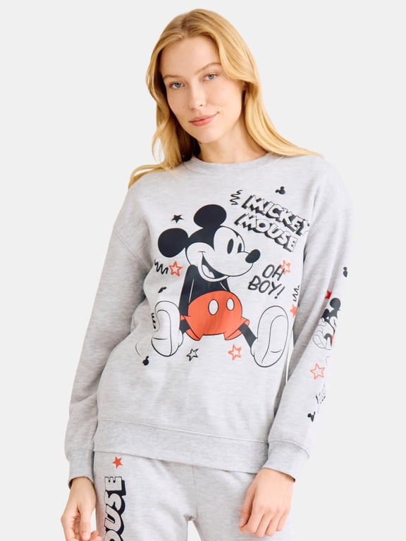 Mickey Mouse Scribbles Graphic Fleece Pullover Sweatshirt with Long Sleeves, Women’s
