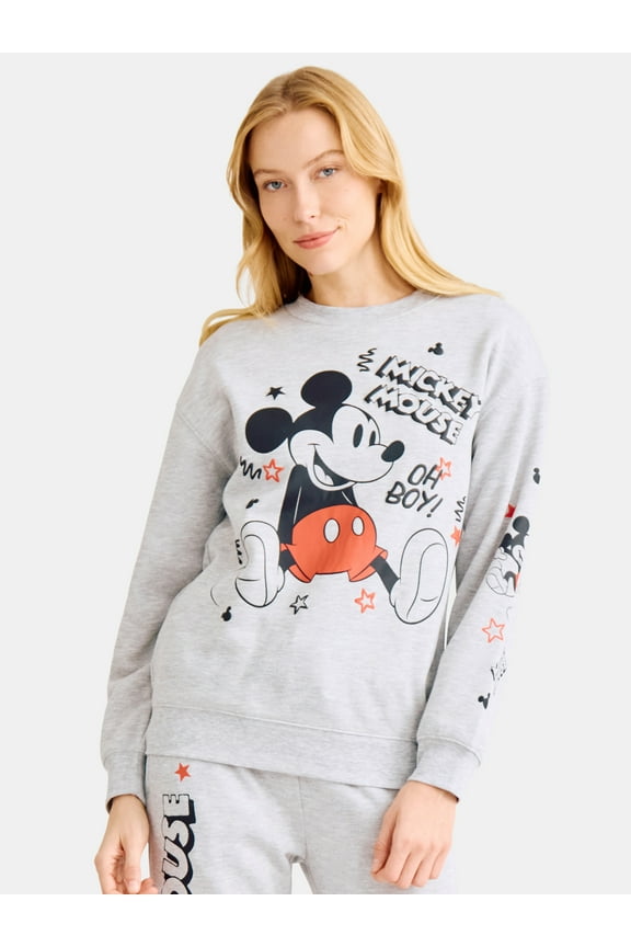 Mickey Mouse Scribbles Graphic Fleece Pullover Sweatshirt with Long Sleeves, Women’s