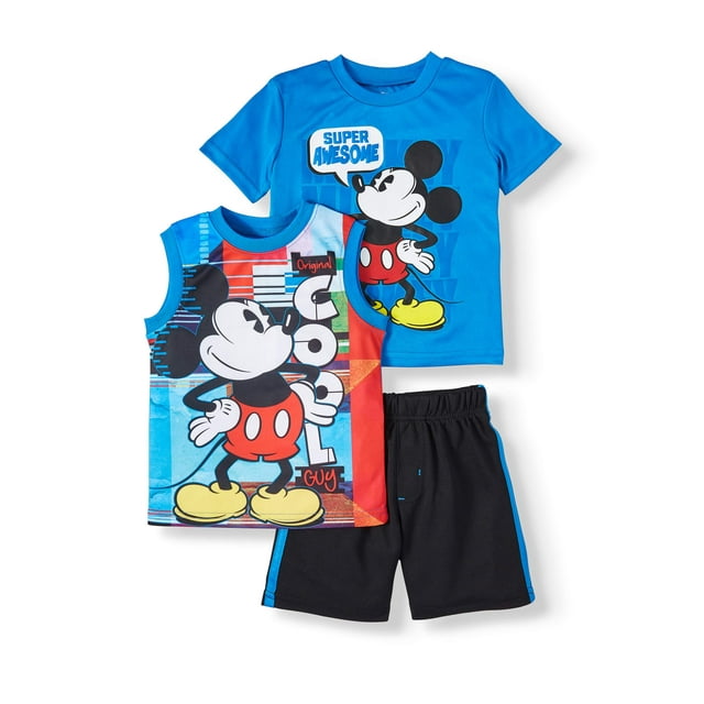 Mickey Mouse Short Sleeve Graphic T-shirt, Graphic Tank Top & Mesh Short, 3pc Outfit Set (Toddler Boys)