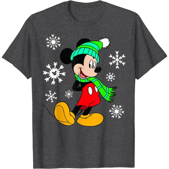 Mickey Mouse Snowflakes Christmas Holiday DTG Print Unisex T-Shirt,Dark Heather Grey Color,Size L
