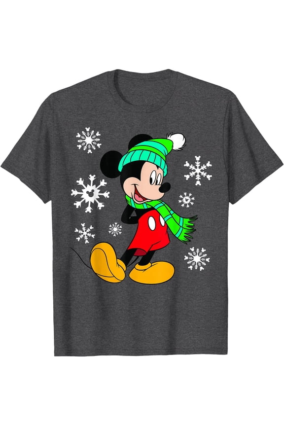 Mickey Mouse Snowflakes Christmas Holiday DTG Print Unisex T-Shirt,Dark Heather Grey Color,Size L