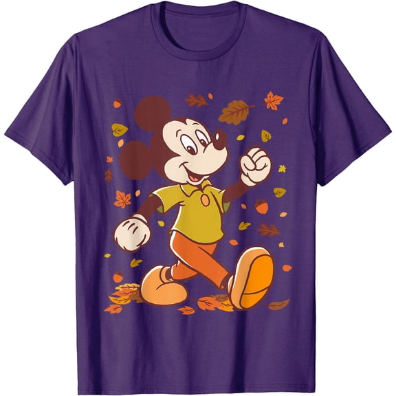 Mickey Mouse Strolling Through Autumn Leaves Fall DTG Print Unisex T-Shirt