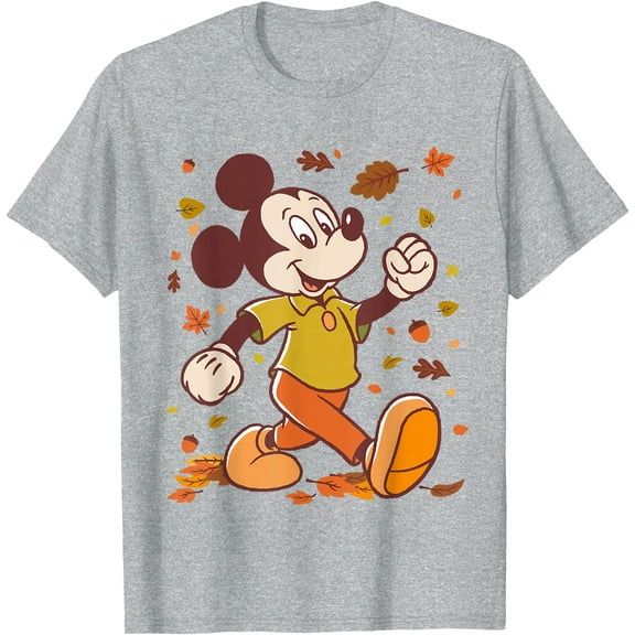 Mickey Mouse Strolling Through Autumn Leaves Fall DTG Print Unisex T-Shirt