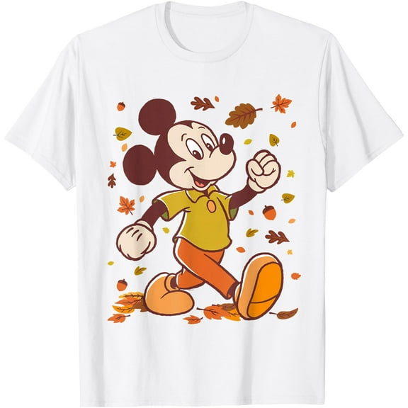 Mickey Mouse Strolling Through Autumn Leaves Fall DTG Print Unisex T-Shirt