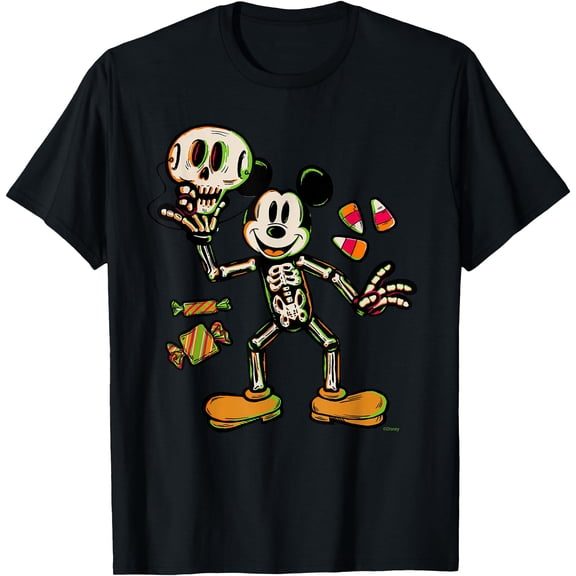Mickey Mouse Trick & Treat Skeleton Halloween DTG Print Unisex T-Shirt,Black Color,Size 3T
