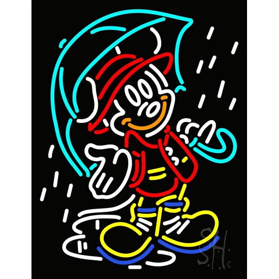 Mickey Mouse With Umbrella LED Neon Sign 24 x 31 - inches, Black Square Cut Acrylic Backing, with Dimmer - Bright and Premium built indoor LED Neon Sign for caf, club, party, event and stroefront.