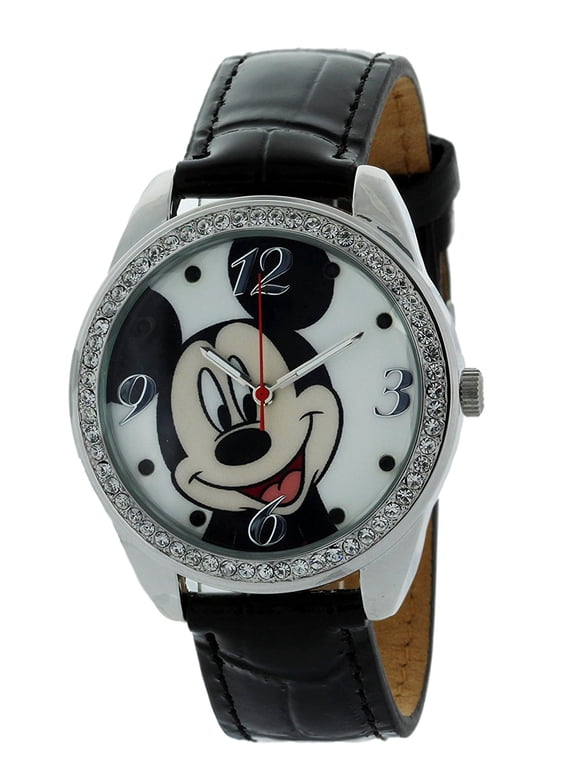 Mickey Mouse Watch With Stone Bezel and Genuine Leather Black Strap MCK919